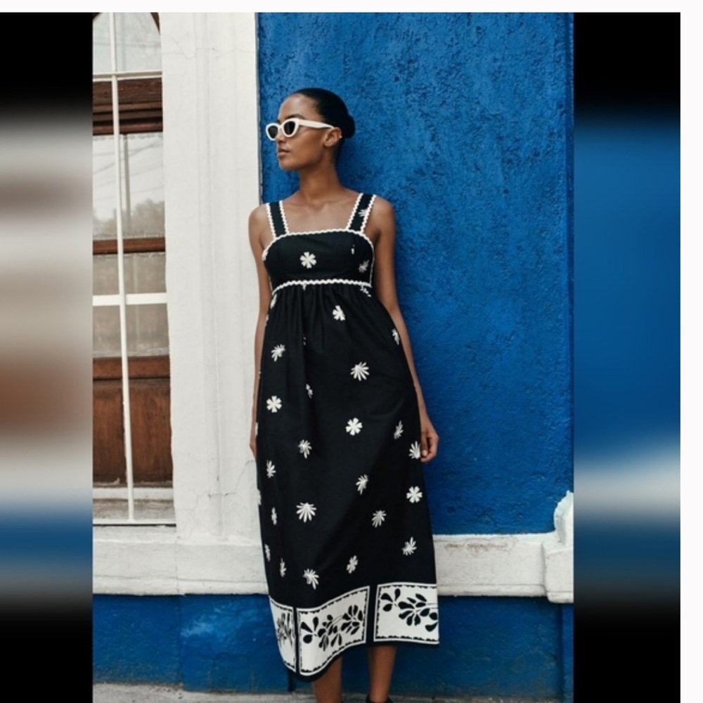 Zara Printed Knotted Midi Dress Black Ecru SS24 Women’s Size M - Picture 8 of 9